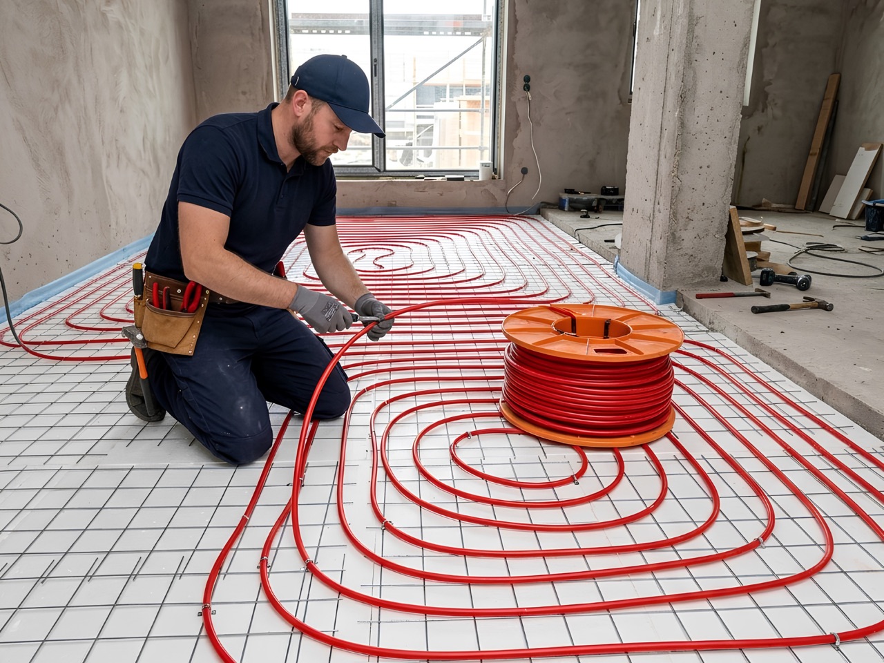 Instalador colocando el circuito de un piso radiante en obra